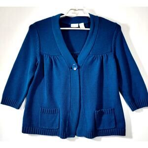 Kim Rogers Sweater Womens Large Blue 3/4 Sleeve Button Cardigan Pockets Knit